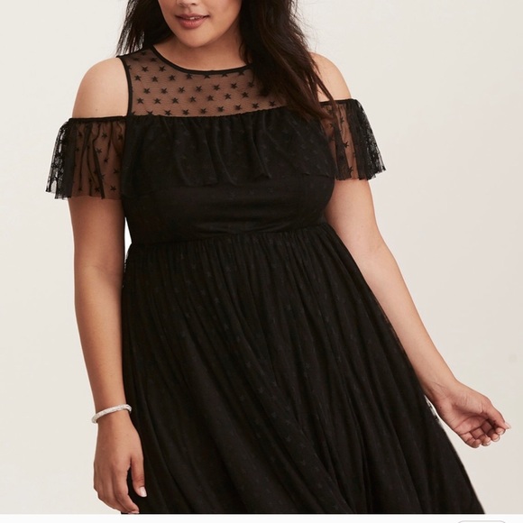 Plus Torrid Sheer Star Ruffled Cold Shoulder Dress - Picture 2 of 4